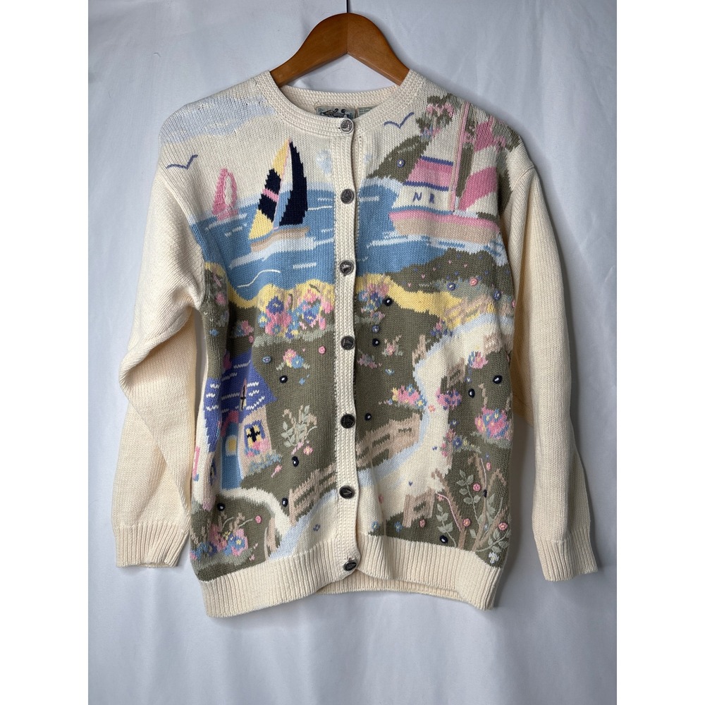Vtg Northern Isles M Scenic Sailboat Coastal Knit Cardigan Button Sweater Granny